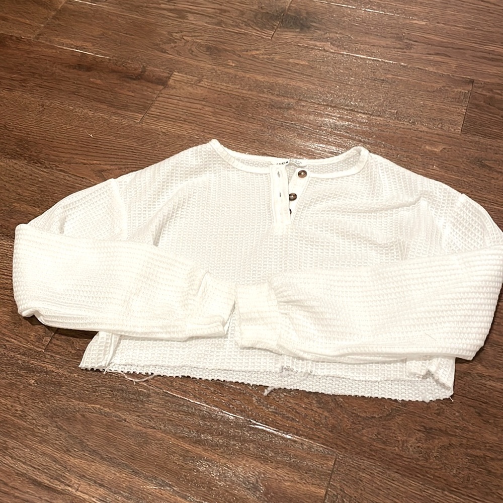 SHEIN distressed crop waffle top white